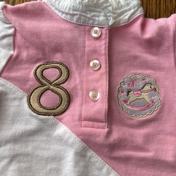 Nelblu white/pink/tan color block pique short sleeve ruffle collar dress. 6 mo. - Picture 2 of 4